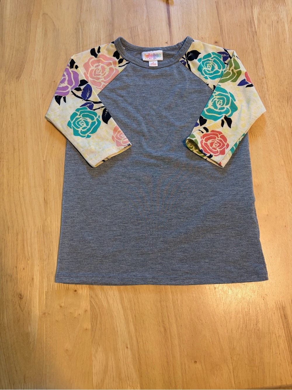 LuLaRoe Girls' Gray Raglan Tee with Multicolor Floral Sleeves